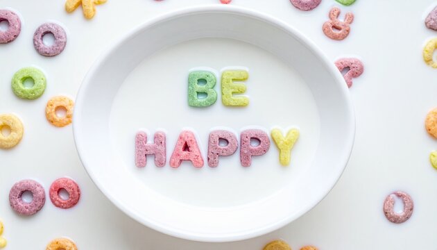 Pastel alphabet cereal letters floating in milk spelling “Be Happy,” creative breakfast concept with cheerful vibes