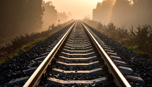 Railroad tracks extending into a misty sunrise