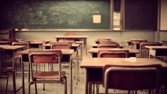 A quiet, vintage classroom awaiting knowledge, with rows of vacant wooden desks and an antique