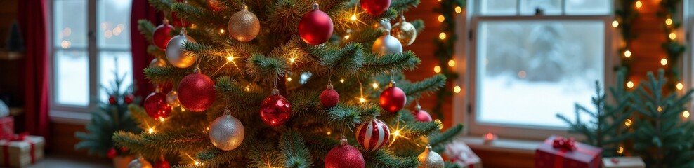 Festive christmas tree decorated with red and gold ornaments in cozy holiday setting