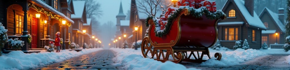Fototapeta premium Santa's sleigh on snowy village street with festive lights