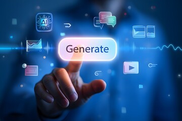 Hand pressing a glowing generate button surrounded by digital icons