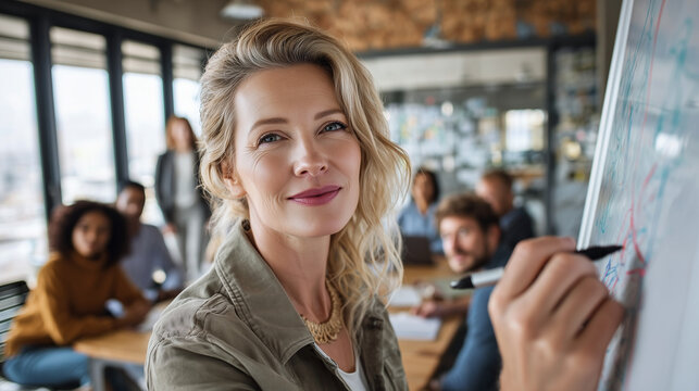 Smiling Mature Female Business Leader Writing on Whiteboard with Diverse Team Meeting in Background