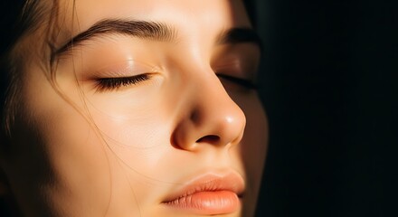 Close-up of a serene woman's face with eyes closed, illuminated by a strip of sunlight.