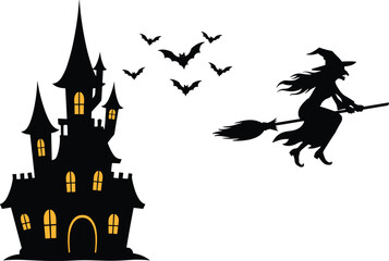 Haunted House Silhouette with Flying Witch, Bats, and Glowing Windows for Halloween, Spooky, Fantasy, Graveyard, and Vector Design Projects