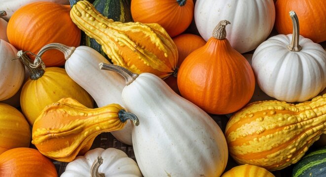 Colorful assortment of pumpkins and gourds for autumn harvest display.