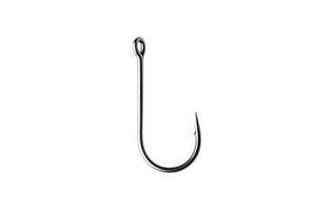 Silver fishing hook with sharp point and round eye, metallic fishing tackle isolated on a transparent background