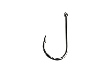 Black fishing hook with barbed point and eye loop, dark angling equipment isolated on a transparent background