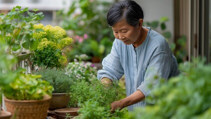 Old-age care senior woman calmly gardening on a balcony herb garden, natural light lifestyle portrait highlighting independence, wellness, and aging with dignity through therapeutic home activity