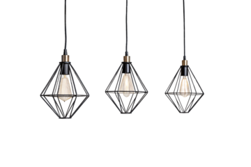Three black geometric pendant lights with Edison bulbs, industrial wire cage lighting isolated on a transparent background