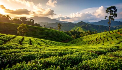 Lush tea plantation at golden hour