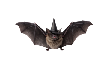 Brown bat with spread wings wearing tiny black pointed witch hat, realistic photography style, isolated on a transparent background