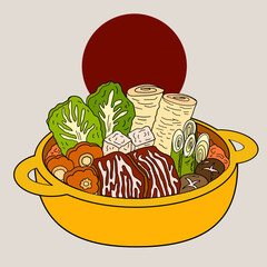 Traditional Japanese ramen and wave for restaurant printing on wallpaper.Ramen vector illustration for doodle art.Sunrise with chopsticks vector for painting on background.Elements set of Hotpot.