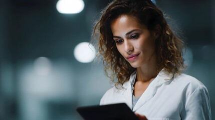 A focused woman in a lab coat examines data on a digital tablet in a modern science laboratory