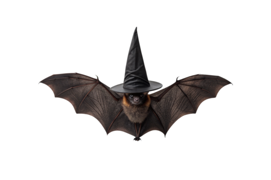 Flying bat with outstretched wings wearing classic black pointed witch hat, Halloween costume accessory, realistic animal photography, isolated on a transparent background