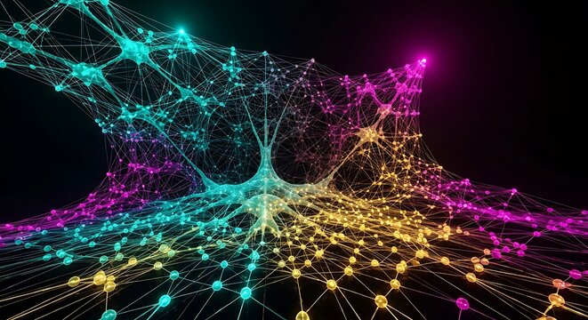 An abstract representation of a complex neural network, with glowing nodes connected by pulsating tendrils of light.