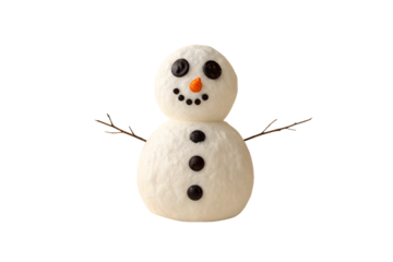 Two-section white snowman with traditional coal button eyes, orange carrot nose, curved smile, brown twig arms, isolated on a transparent background