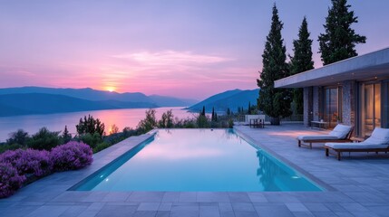 Fototapeta premium Luxury Villa Exterior with Infinity Pool at Sunset Overlooking Lake and Mountains with Tranquil Atmosphere and Stone Building Facade