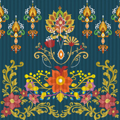 Seamless floral ornamental pattern, decorative folk art textile design with colorful flowers on navy background, ethnic boho motif, traditional fabric style for wallpaper, fashion, home decor