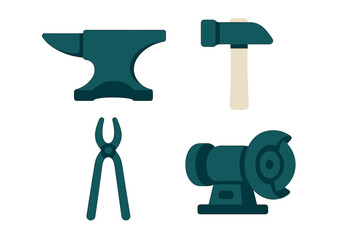 Tools for metalworking and crafting displayed together in a simple layout, showcasing essential equipment for artisans