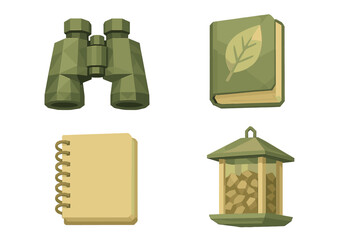 Collection of green-themed outdoor essentials for nature exploration and observation