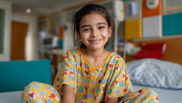 Hospital beds scene featuring smiling child patient  hopeful emotion  bright, clean pediatric ward  modern, natural-light style  healthcare marketing and patient care visuals