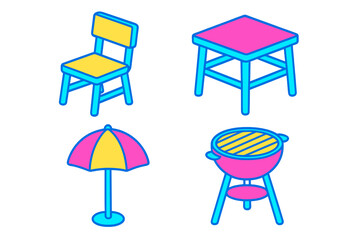 Colorful outdoor furniture including chairs, table, umbrella, and grill for a summer gathering