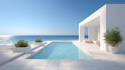 Fototapeta premium Luxury Villa with Turquoise Pool Overlooking Ocean under Clear Blue Sky on Sunny Day White Architecture and Lush Greenery in Tropical Holiday Destination