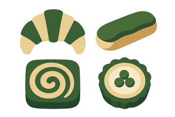 Colorful assortment of matcha desserts arranged on a white background