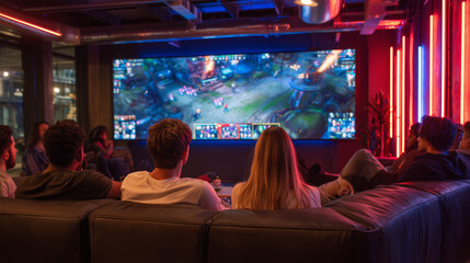 Diverse Group of Young Adults Watching E-Sports or Video Game Tournament on a Large Screen in a Neon-Lit Room