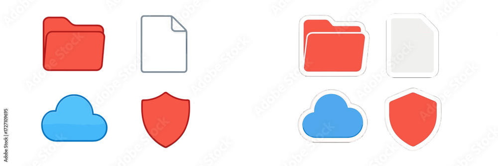 Poster colorful icons representing digital folders, documents, clouds, and shields on a light background fo