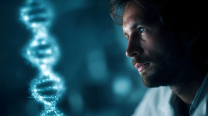 A scientist intensely studies a glowing digital representation of a DNA helix symbolizing genetic research and futuristic biotechnology