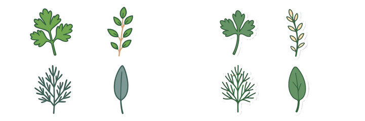 Fototapeta premium Variety of fresh herbs illustrated in vibrant green colors with simple designs on a white background