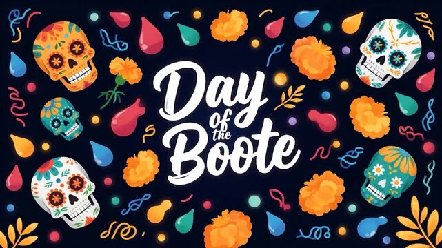 Day of the Boote Festive Illustration Sugar Skulls, Flowers, and Halloween Elements