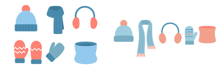 Winter accessories collection featuring hats, scarves, gloves, and earmuffs in soft blue and pink colors for cold weather