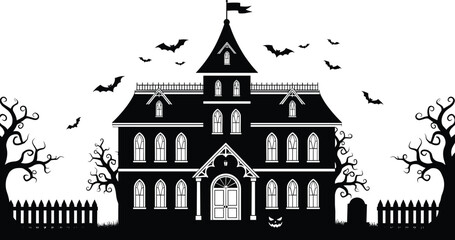 Haunted House with Bats, Pumpkin, Grave, Tree, Fence, and Gothic Tower Halloween Silhouette Vector Illustration for Spooky Holiday Decoration Use