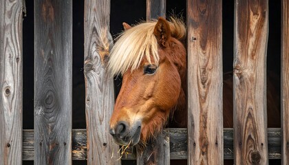 Chestnut horse's head peering through weathered wooden stall
