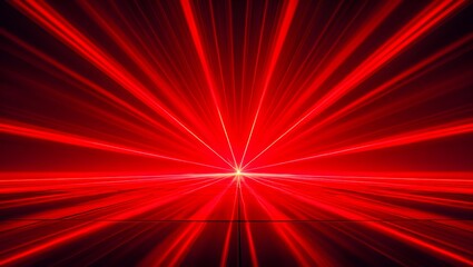 Bright red laser beams radiating from a central point in darkness