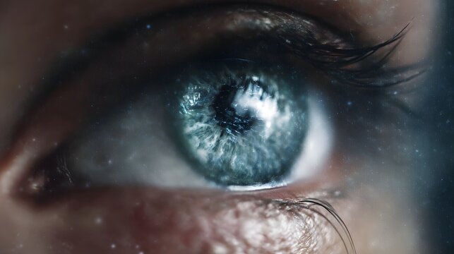 Extreme close up of a blue eye with cosmic digital patterns overlay symbolizing futuristic vision and technology