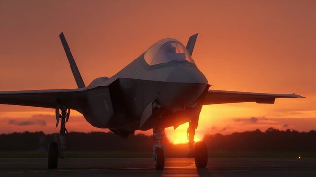 Dramatic sunset scene featuring a static F-35 fighter jet on the runway, showcasing aviation