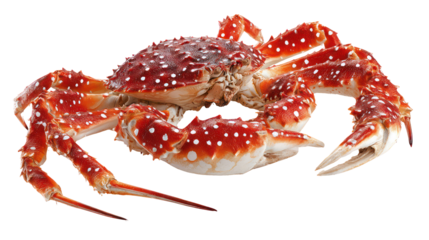 Close up of a bright red crab with white spots on a black background