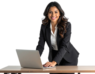 Smiling Business Woman Leaning on Desk with Laptop, Front View, Isolated