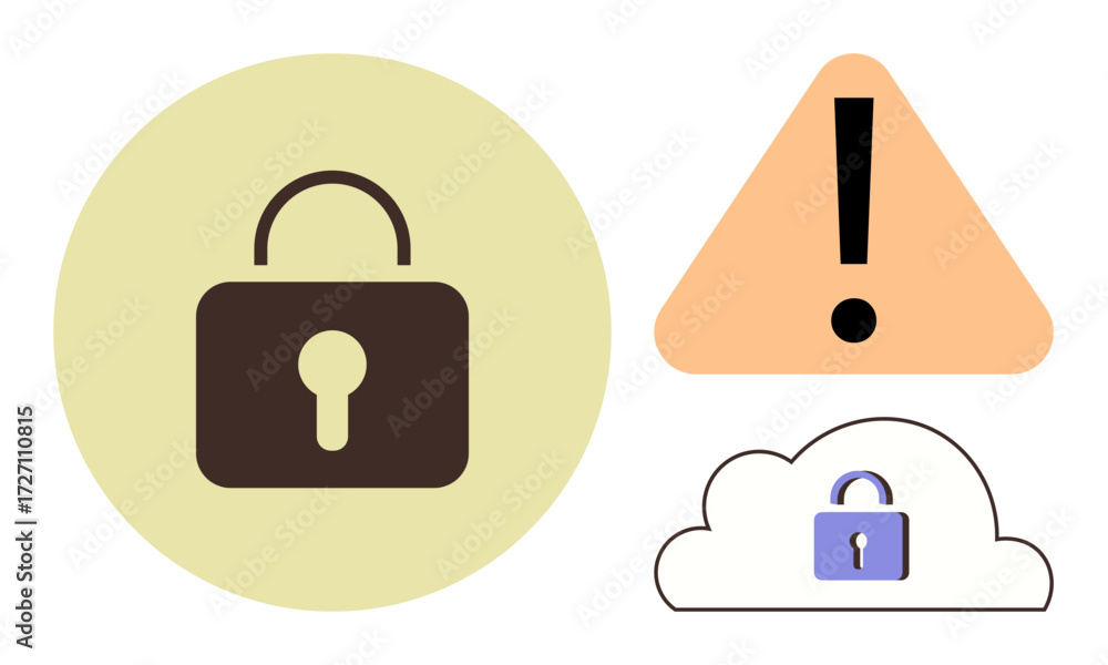 Poster lock in a circle, warning icon in a triangle, and cloud with a lock symbolizing data security and ri