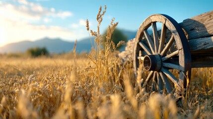 a wooden cart with large spoken wheels standing in a cornfield