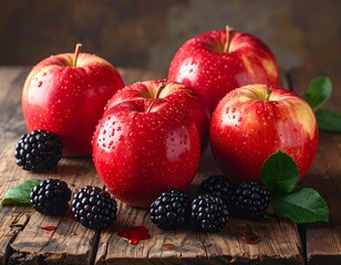 Red apples and blackberries on rustic wood