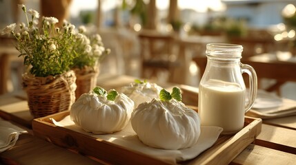 Fresh burrata cheese with basil garnish and glass jug of milk on rustic wooden tray, farmhouse breakfast table with flowers in natural morning light