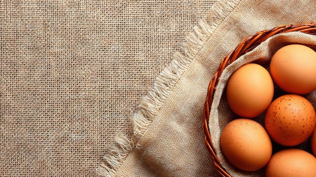 Farm fresh brown eggs in wicker basket with linen cloth on rustic textured fabric background, organic natural food photography composition
