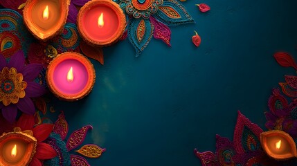 Indian festival Diwali, Diya oil lamps lit on colorful rangoli. Hindu traditional festival of lights. Copy space for text, top view, flat lay background