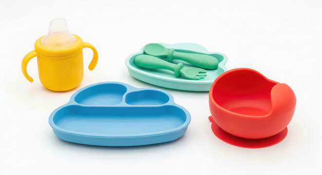 Colorful mockup of children's dishes including a blue divided plate, green utensils, red bowl, and yellow sippy cup, showcasing playful design for kids' mealtime