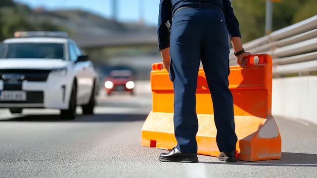 A traffic officer their boots polished sets up a detour sign its metal rusted on a highway. A plastic barricade its edges scuffed blocks a lane. Cars idle their exhaust pipe